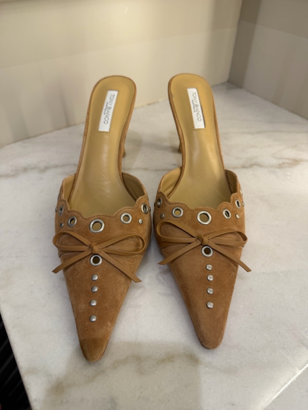 Tony Bianco Tan Suede Pointed Mule with Bow & Grommet Detail